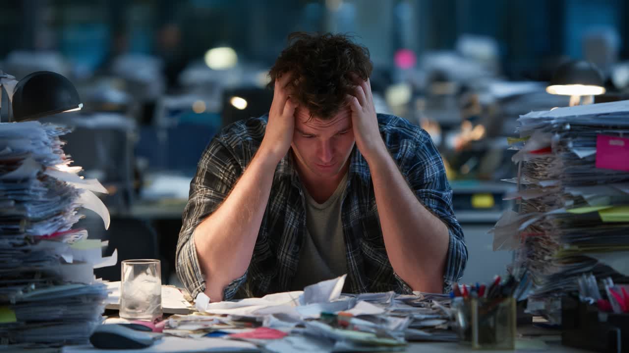 A Struggle with Overwhelming Paperwork: A Young Man's Journey Through Stress and Anxiety at His Desk Surrounded by Unmanaged Documents and Late-Night Work Struggles