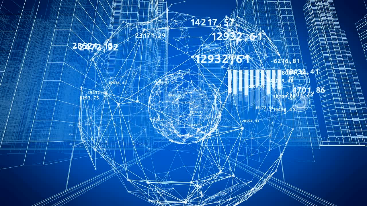숫자와 그래프로 도시 거리를 가로질러 추상적인 글로벌 네트워크의 아름다운 3d 애니메이션 글로벌 비즈니스 및 기술 개념 루프 애니메이션 4k uhd 3840x216