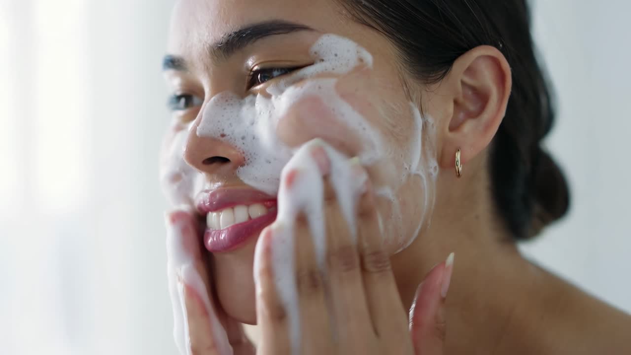 Close-up video of a woman washing her face with foam, capturing a serene skincare routine