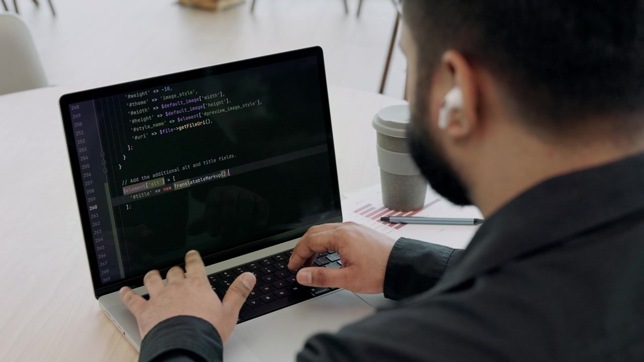 Software Developer Writing Code on Laptop in Modern Office