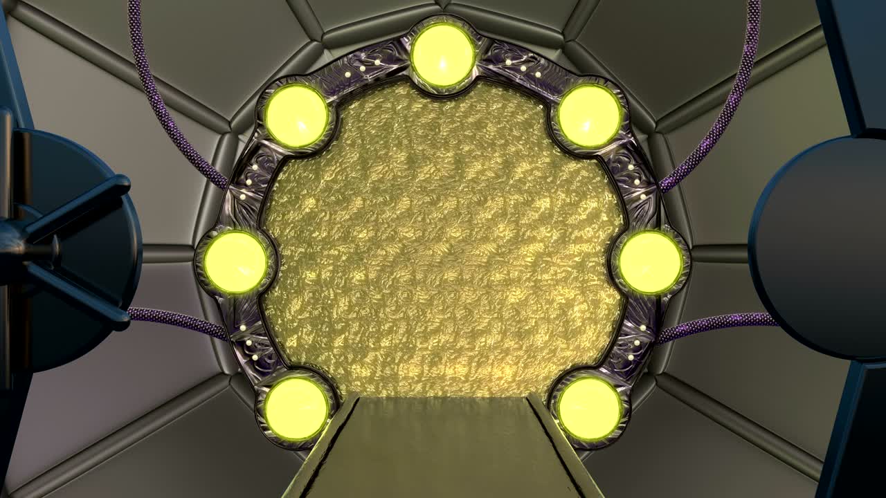 iron hatch는 우주선 풍경 장면에 대한 파노라마 뷰를 열어줍니다. 포털과 함께 공상 과학 복도의 3d 추상적인 배경.