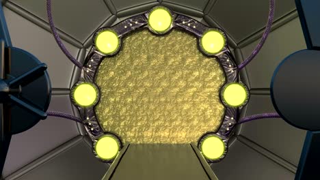 iron hatch opens panoramic view to the spaceship landscape scene. 3d abstract background of sci-fi corridor with portal. futuristic technology abstract vj for tech titles and background.