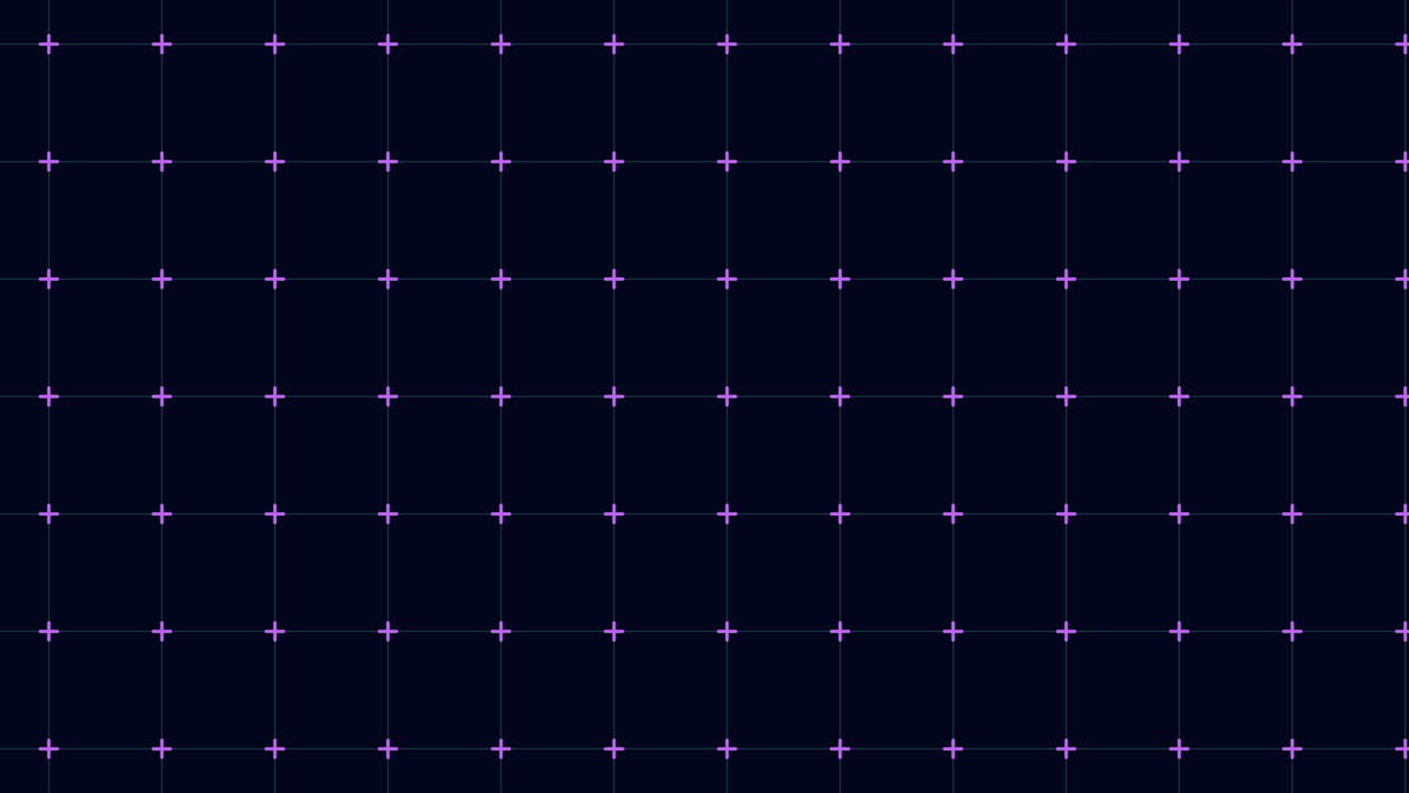 네온 기하학적 십자가가 행으로 있는 디지털 그리드