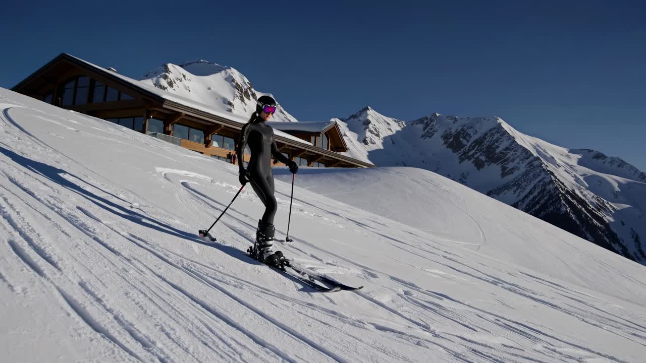 Woman Skiing Down a Mountain Slope