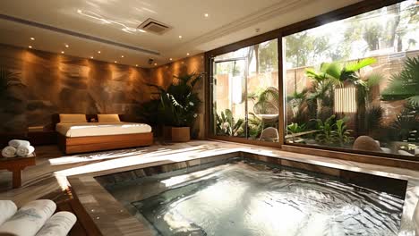 luxurious bedroom with indoor pool and garden view