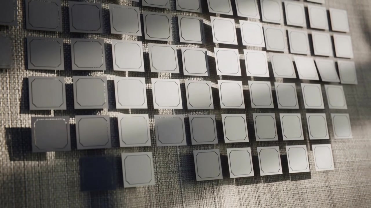 Panning camera revealing tile grid on woven textile to show full array, banded shadows moving