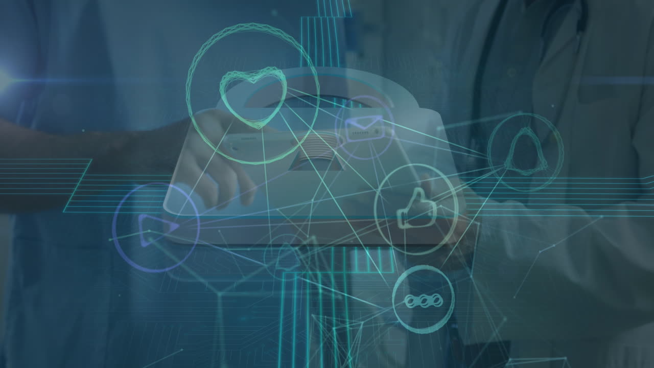 다양한 의사들에 대한 아이콘과의 연결 네트워크의 애니메이션