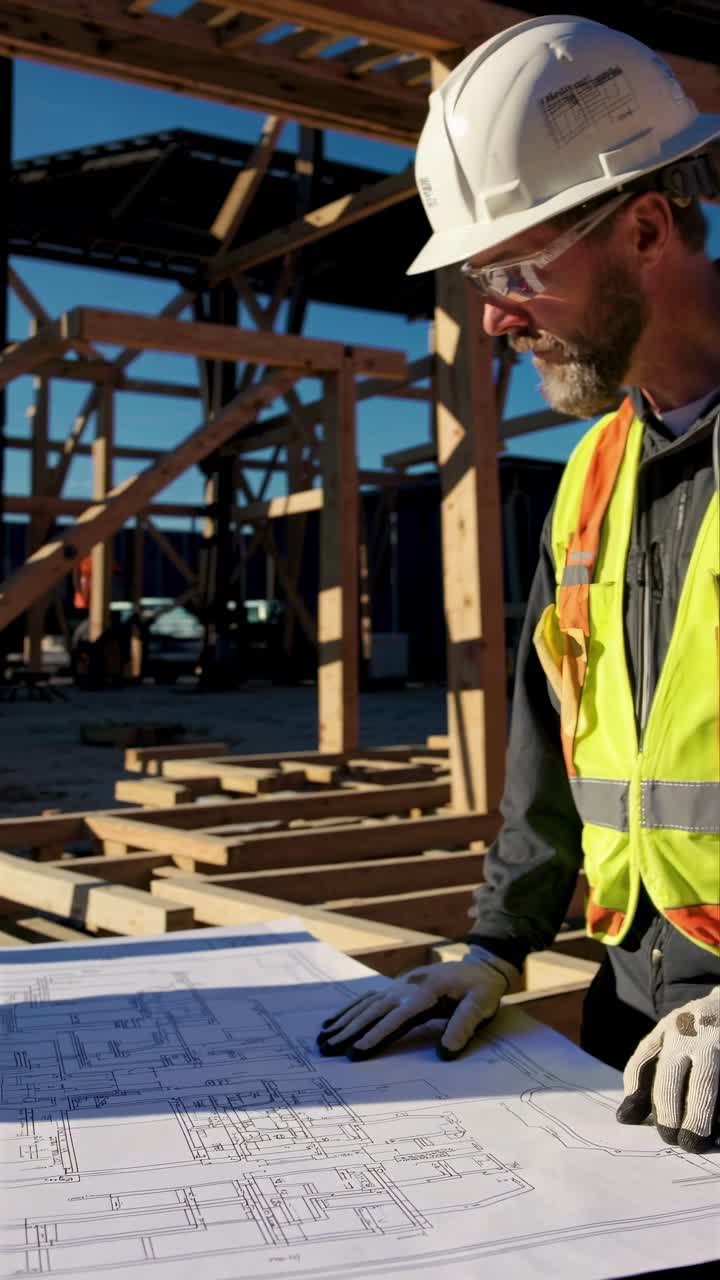 A construction worker reviews blueprints on-site, wearing safety gear