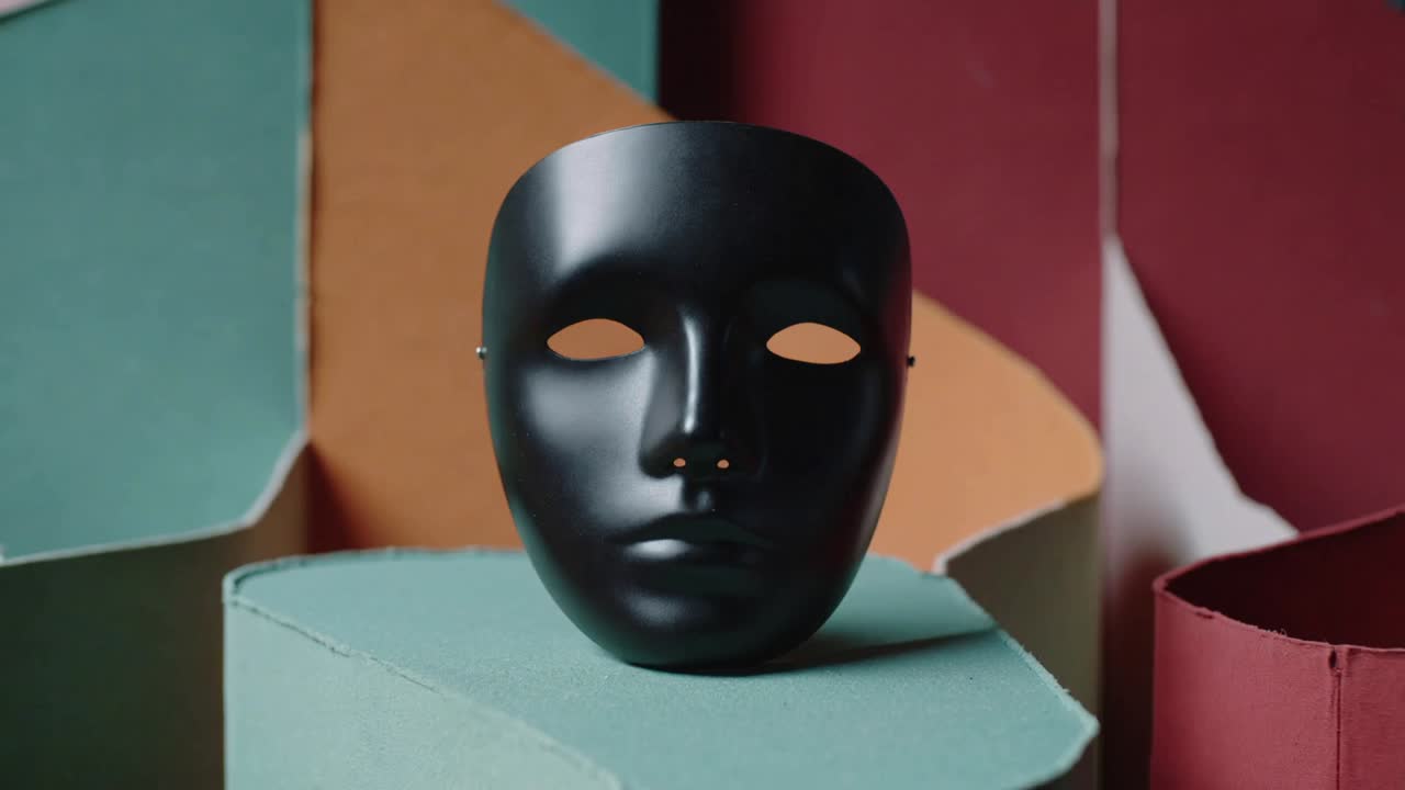 Sliding camera subtly pushing to reveal matte black face mask showing studs on teal pedestal