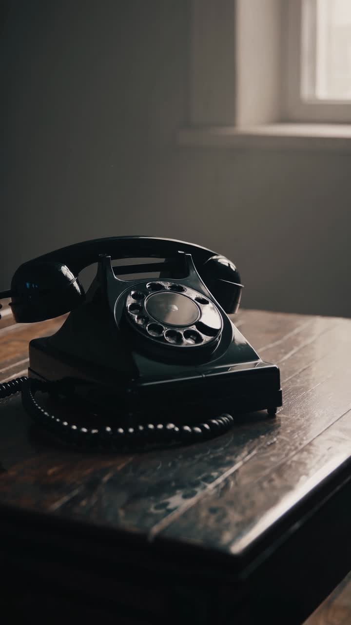 Vintage rotary phone on a wooden table, shot from a side angle