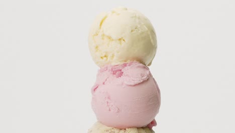 ce cream chocolate chip and strawberry on top ice cream vanilla on white background.