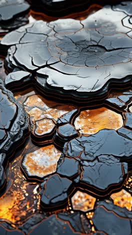 cracked volcanic rock surface glowing with molten lava in dim light