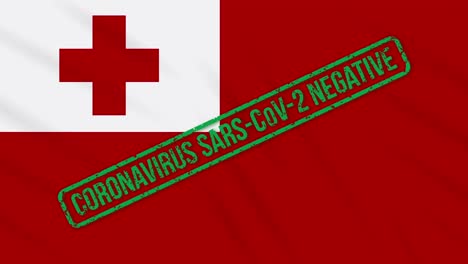 tonga swaying flag with green stamp of freedom from coronavirus, loop