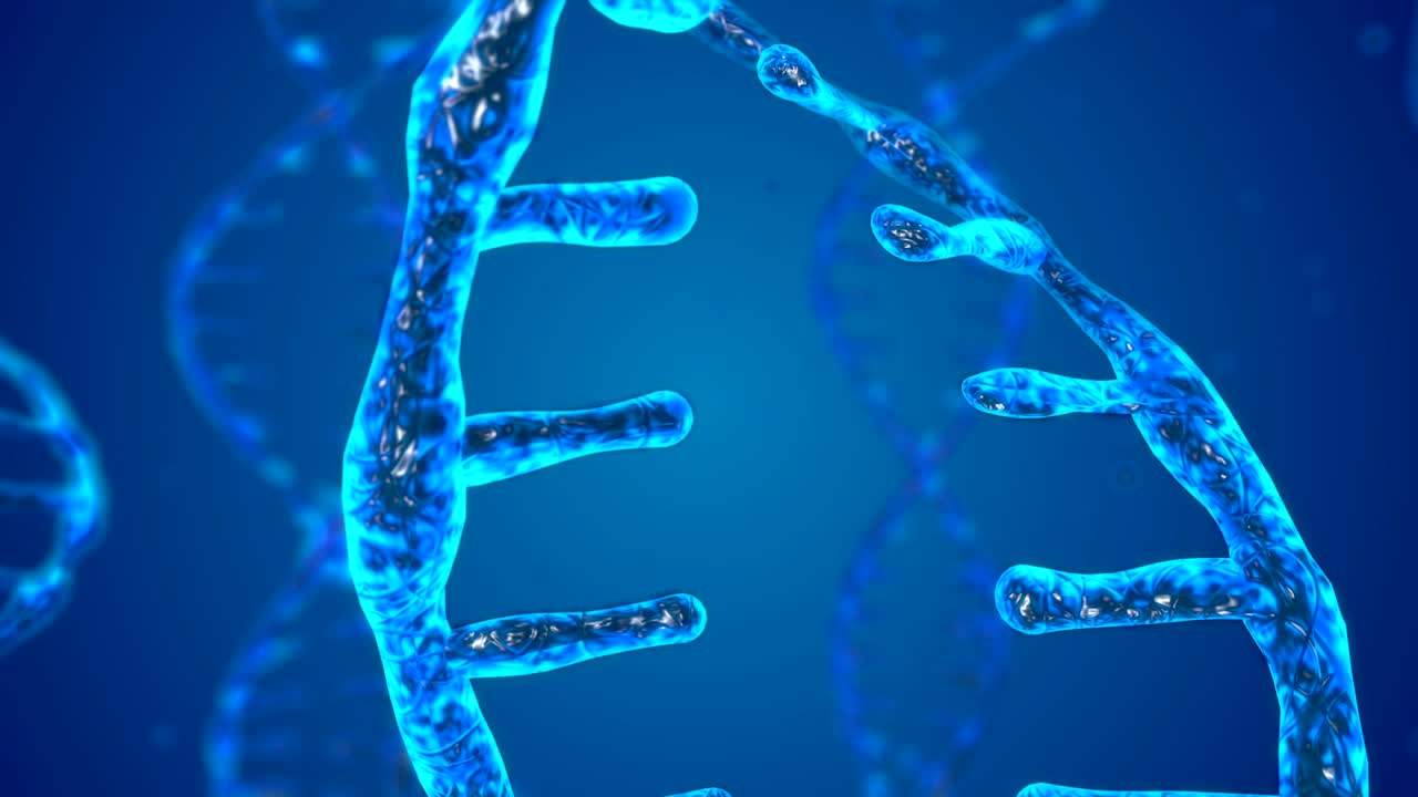 abstracto brillante doble hélice de adn con profundidad de campo. animación de la construcción de adn a partir de escombros. animación científica. imágenes futuristas del genoma. diseño conceptual de información genética. 4k