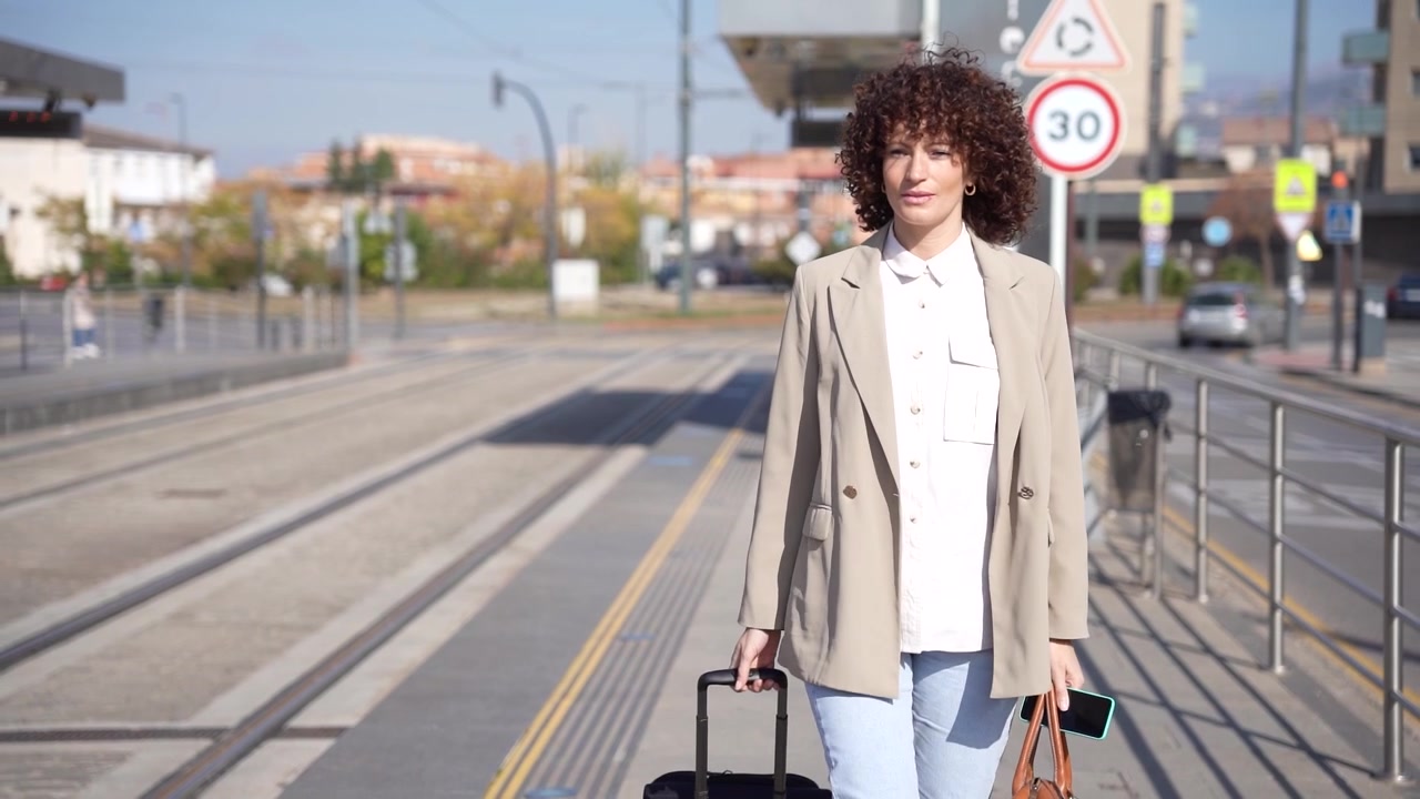 Un viaggiatore elegante con bagagli in una trafficata stazione di trasporto urbano durante il giorno