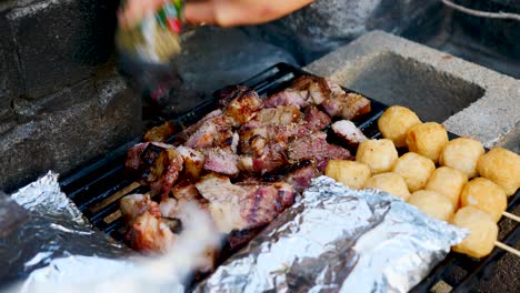 el chef espolvorea polvo de hierbas sobre barbacoa de cerdo a la parrilla - espolvorea condimentos sobre babeque a la parrilla