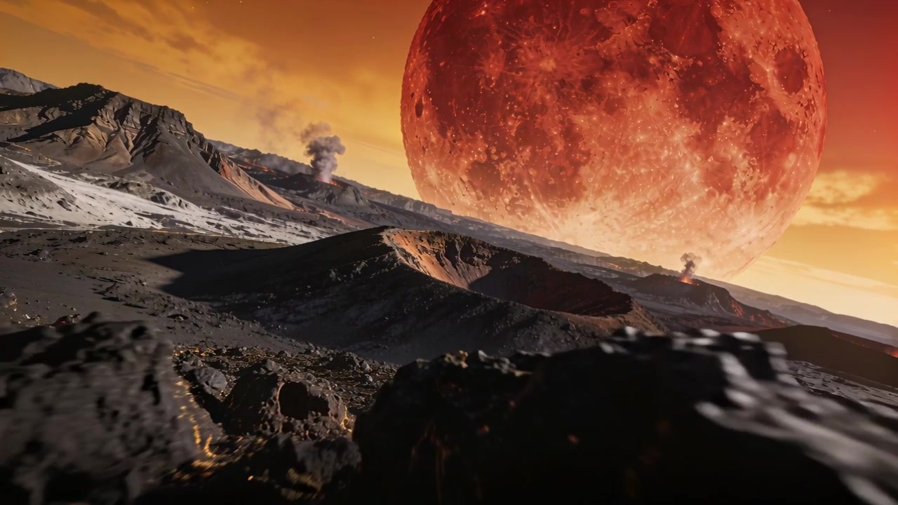 Caméra en survol panoramique révélant un cratère central sur une plaine extraterrestre, avec une lune rouge et des panaches d'évacuation.
