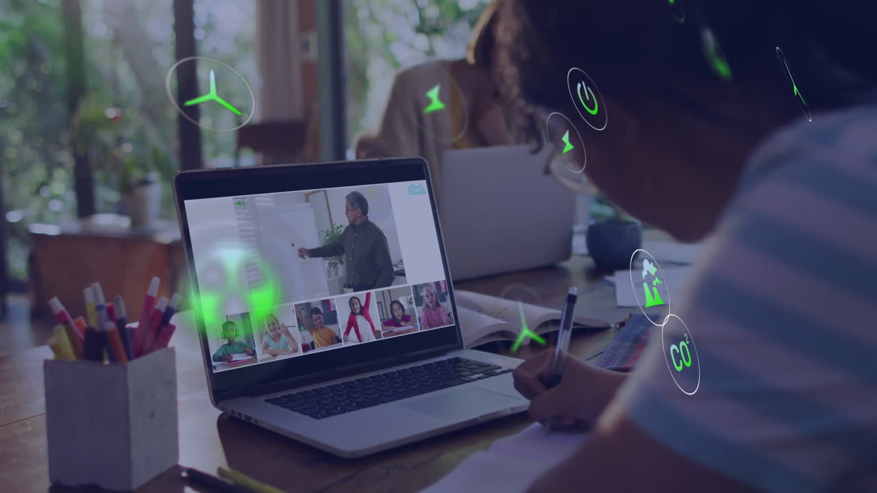 Participating in online meeting, people using animation with digital icons overlay