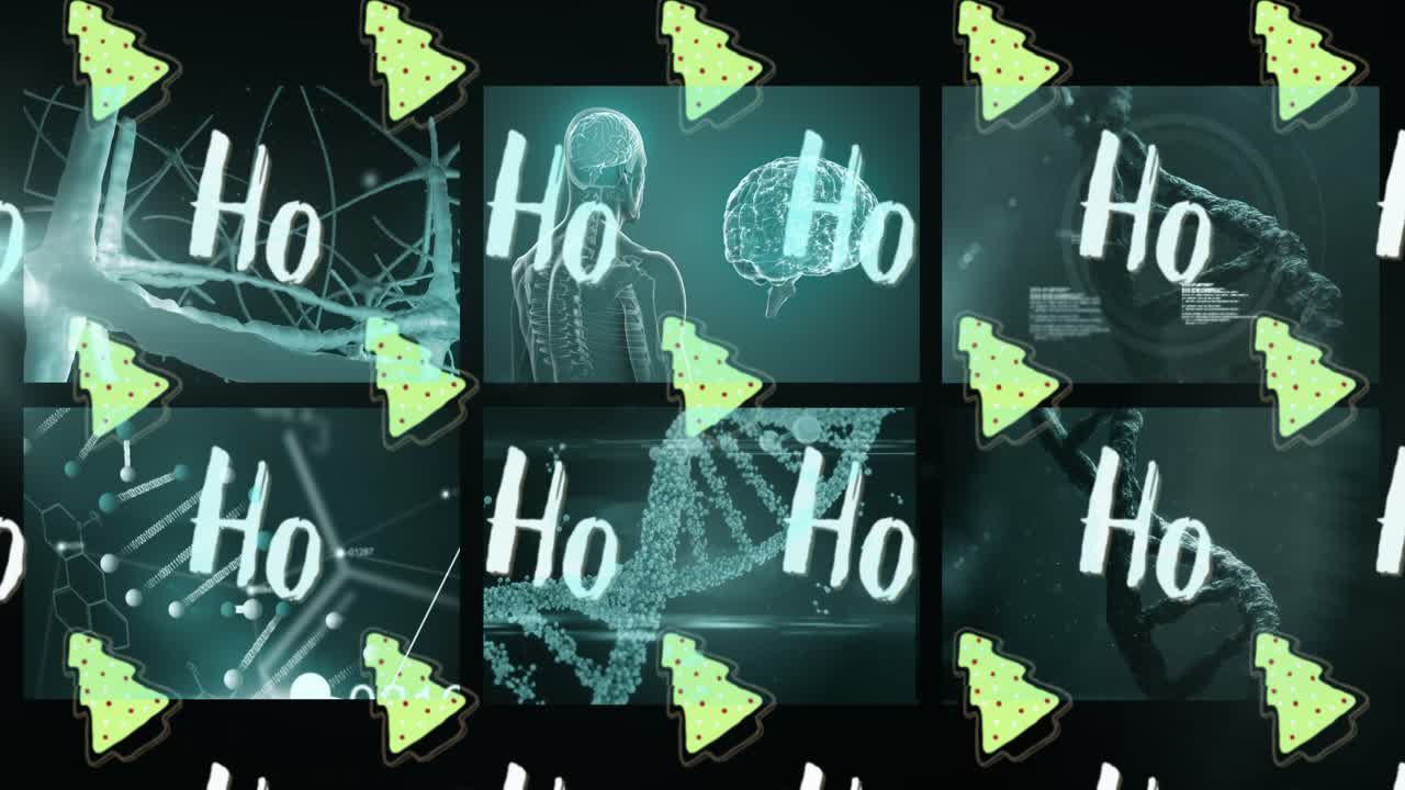 Animatie van Ho Ho Ho-tekst en kerstbomen over hersenen, DNA en medische gegevensverwerking op schermen