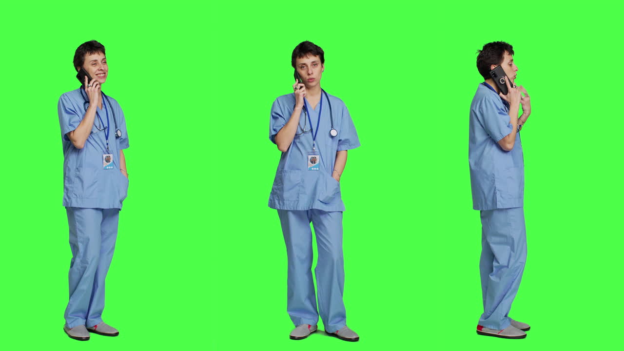 건강 전문가가 스마트폰을 사용하여 중요한 전화를 합니다.