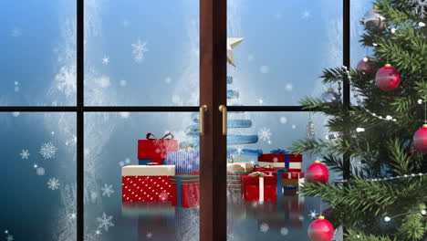 Animation-Einer-Winterlandschaft-Mit-Weihnachtsdekoration,-Gesehen-Durch-Ein-Fenster