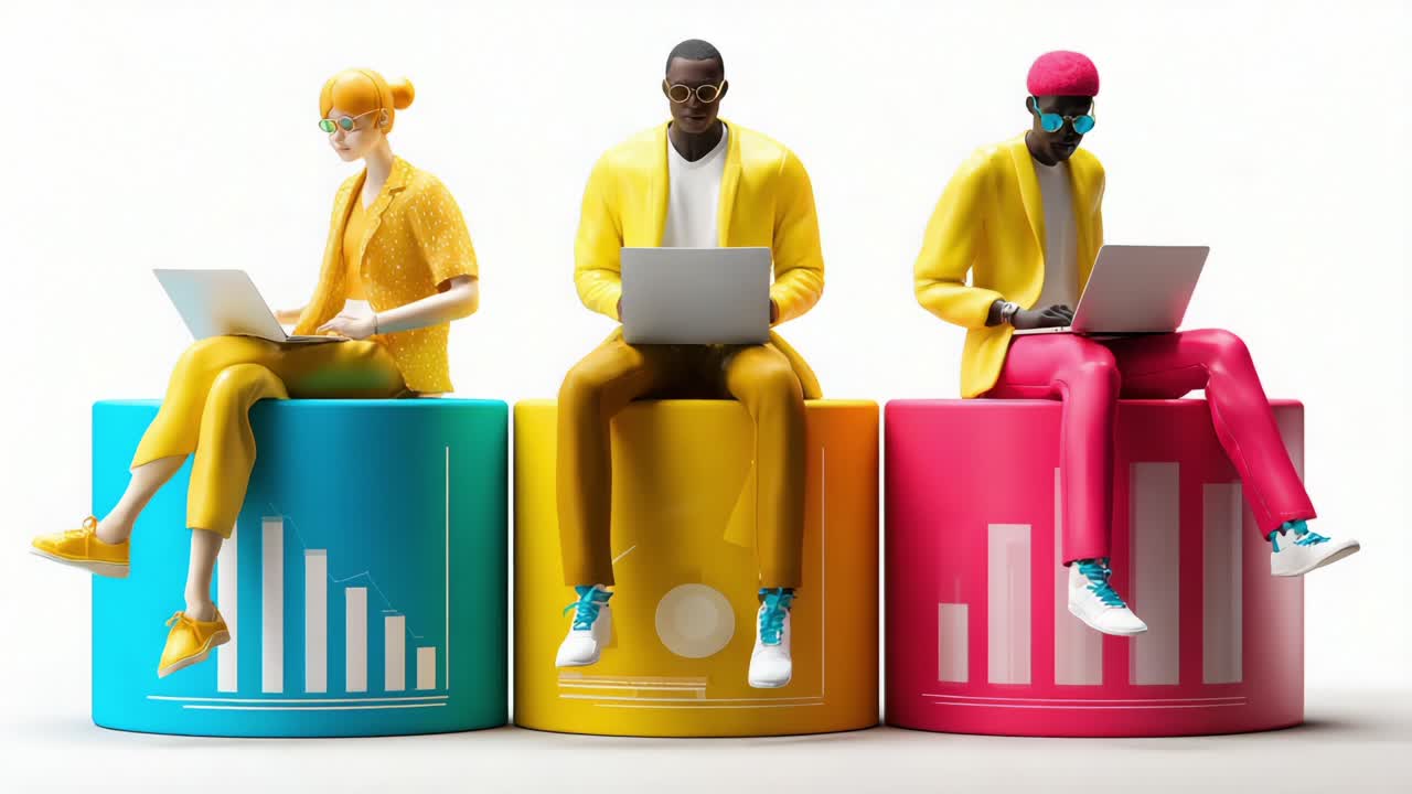 A vibrant and modern workspace showcasing three stylized figures engrossed in their laptops, set against colorful cylindrical bases adorned with graph designs, symbolizing data analysis