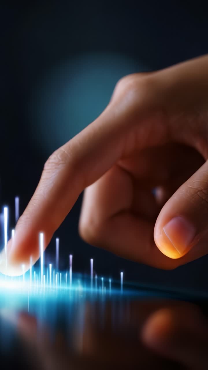 A close-up view of a hand gently touching a digital interface, interacting with glowing wave-like patterns that symbolize technology and innovation