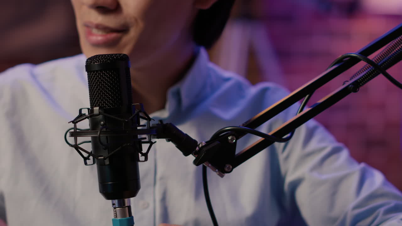 Close-up of microphone setup for podcasting