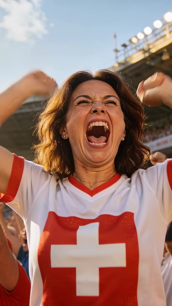 Vertikal video: Råbende kvindelig fan jubler med armene på stadion efter et afgørende spil, iført hvid T-shirt med rødt kors.