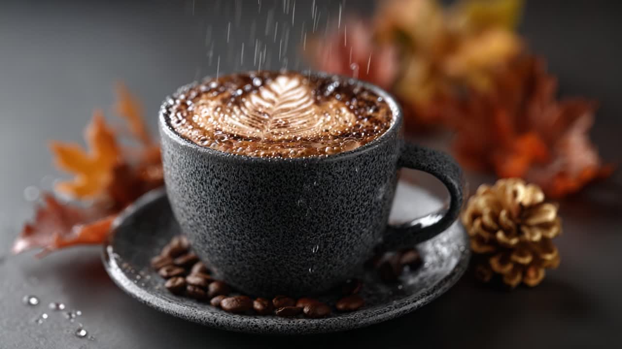 A warm and inviting coffee cup decorated with intricate latte art, set against a backdrop of autumn leaves and pinecones, exuding cozy seasonal vibes