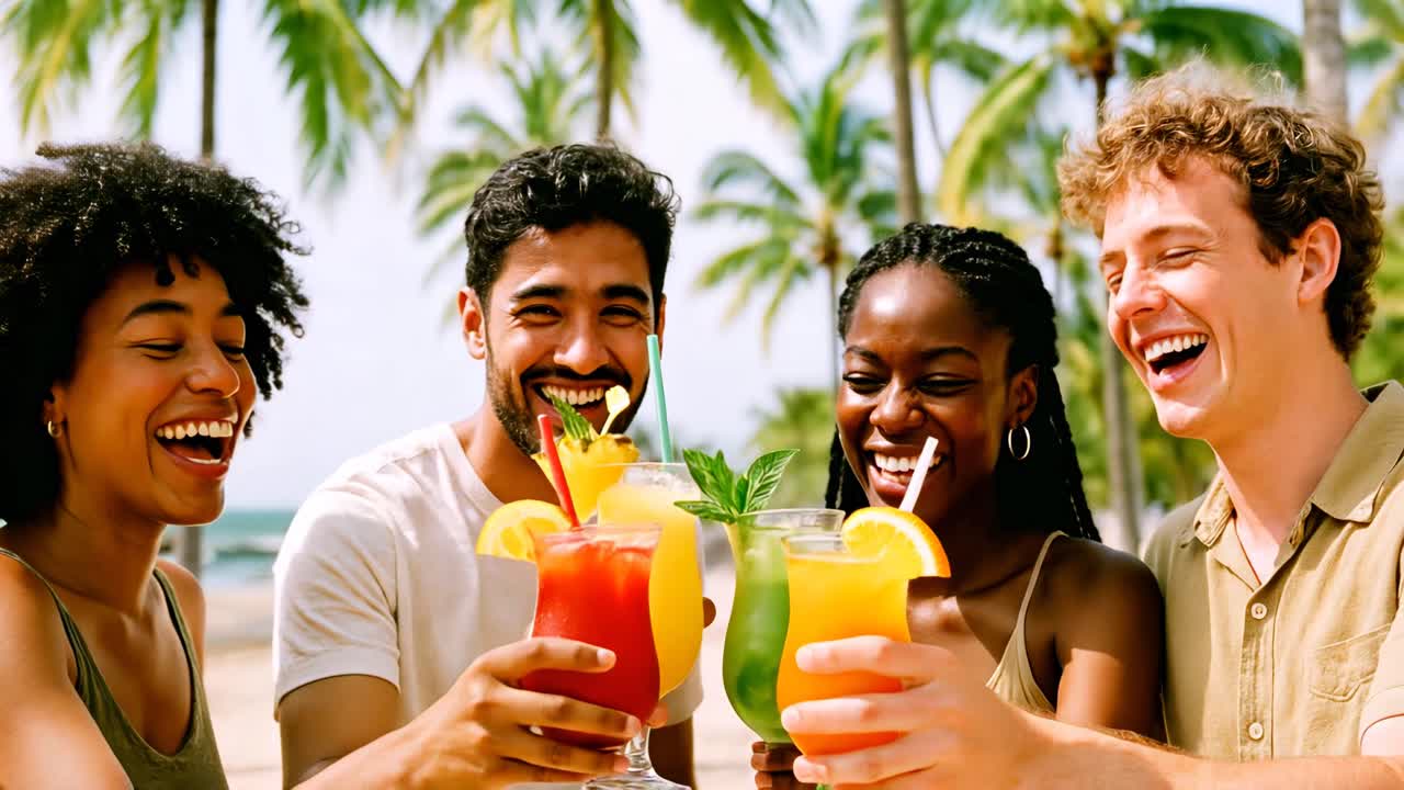 Group of friends toasting with tropical drinks on a beach. Captured from a low angle, this vibrant