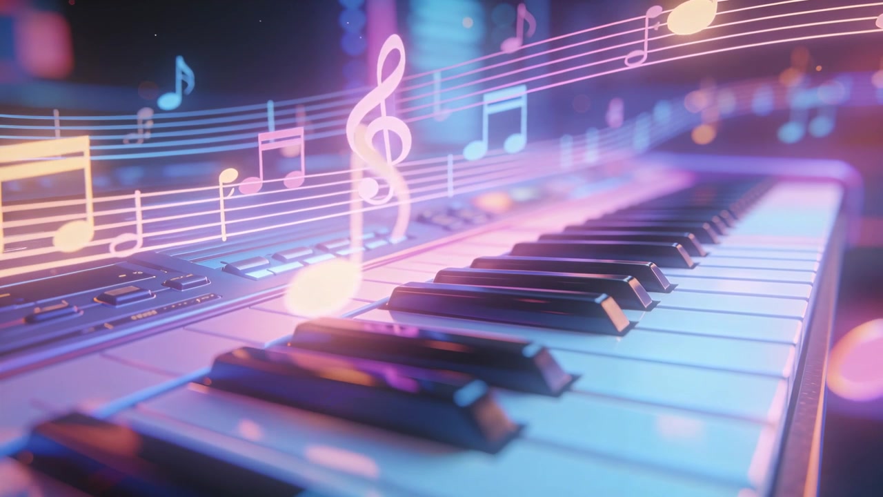 Glidende kamera glider langs synth-tangenter i studie, musikken starter, noder animerer over tangenterne.