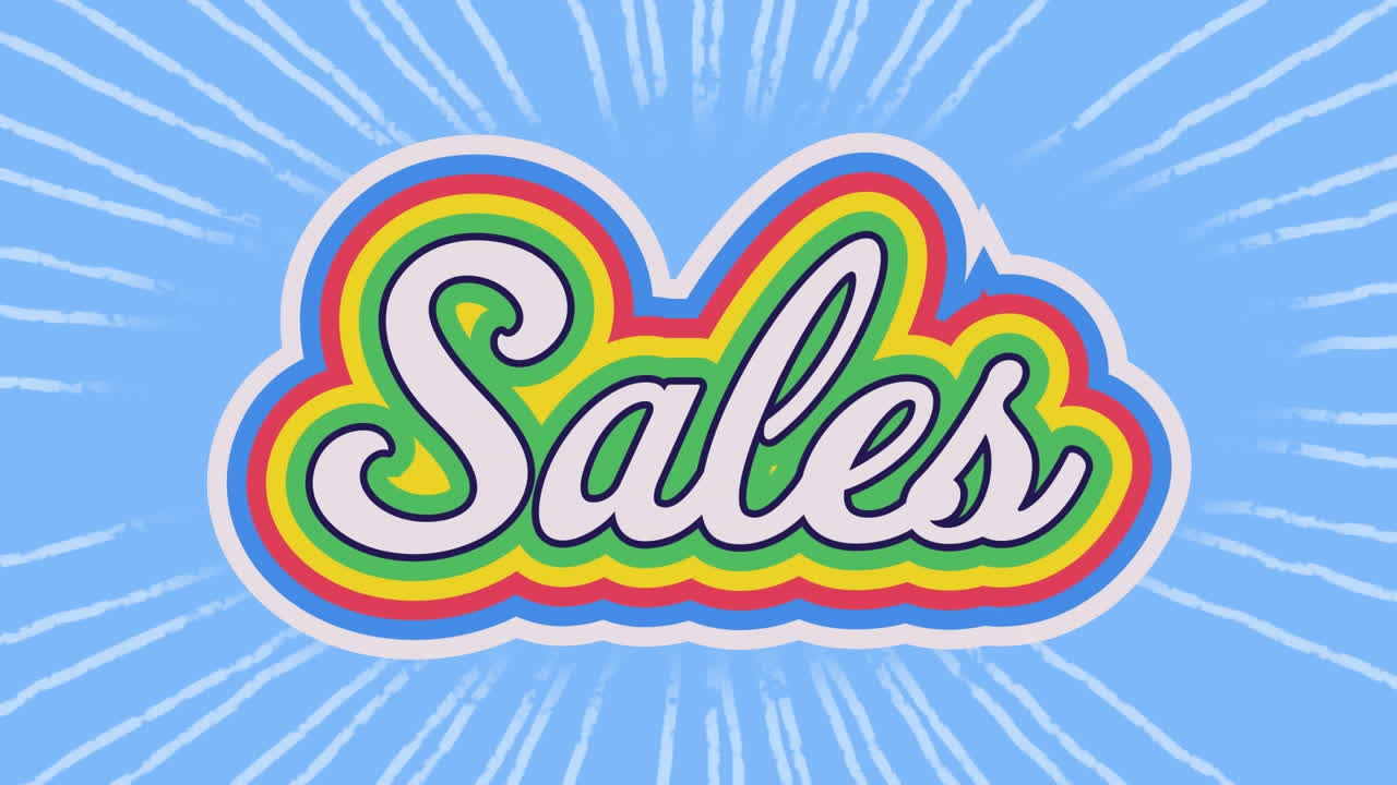 animación de un cartel de texto de ventas contra rastros de luz en fondo azul