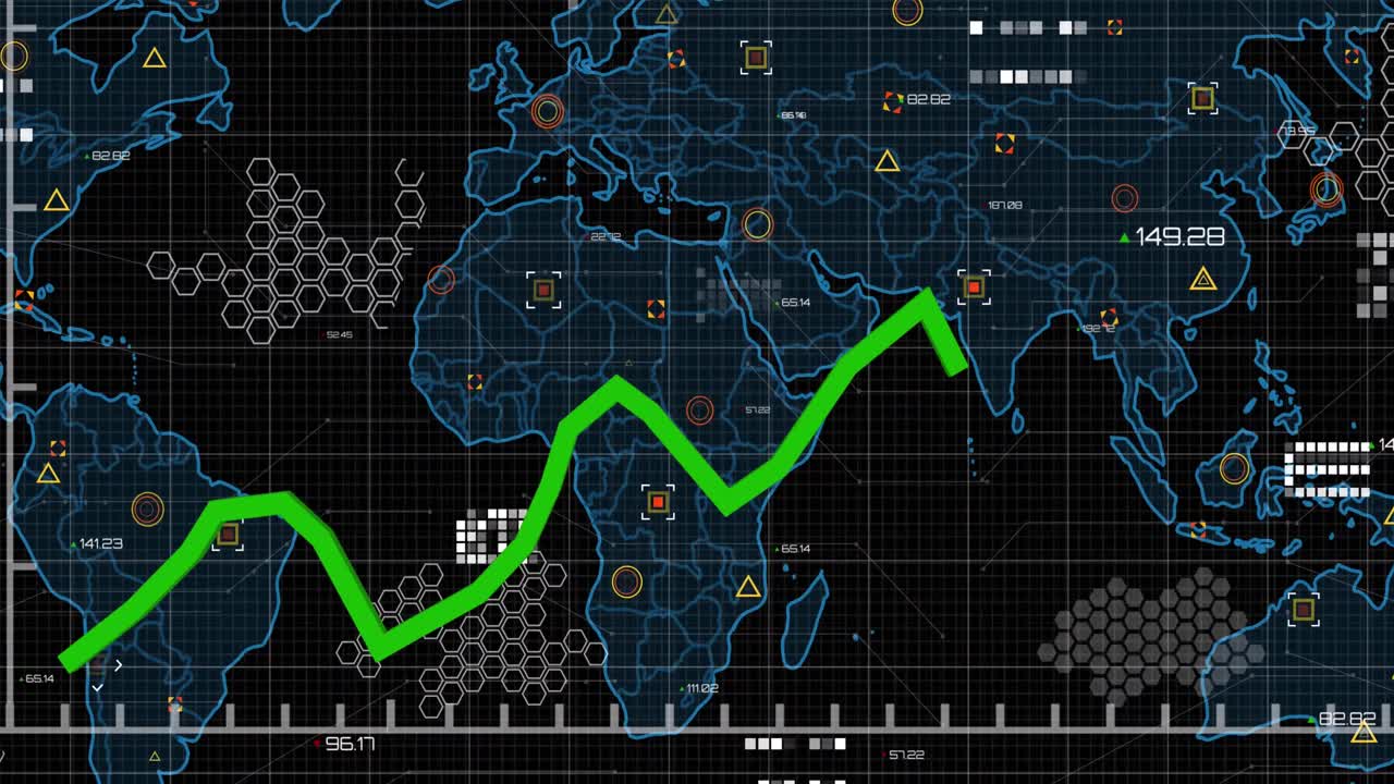 animación del procesamiento de datos estadísticos a través de la red de red contra el mapa del mundo.