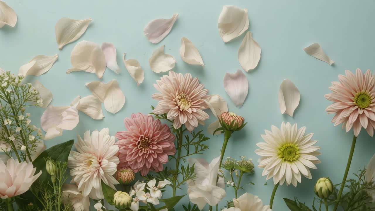 Shifting flatlay flowers, pink petals drifting on blue studio backdrop, breeze nudging white daisy