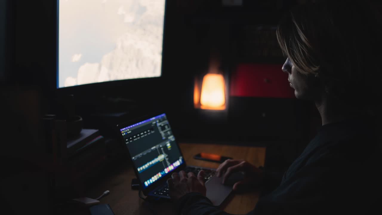 Young man working on a computer by night, Timelapse