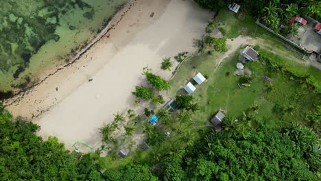 Vista-Aérea-Superior-De-La-Pintoresca-Playa-De-Arena-Blanca-Con-Pequeñas-Casas-Y-Palmeras-En-La-Isla-De-Catanduanes