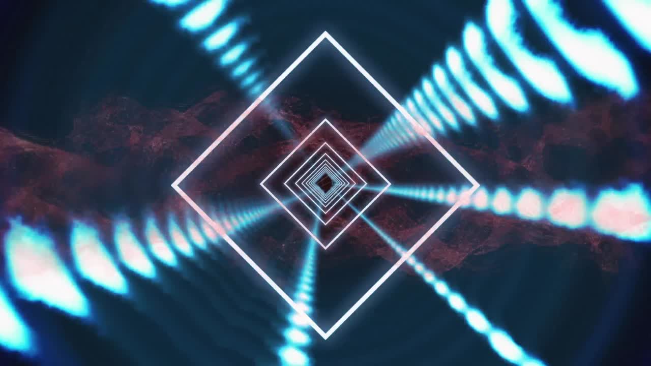 animación de cuadrados brillantes girando en un túnel de luces brillantes