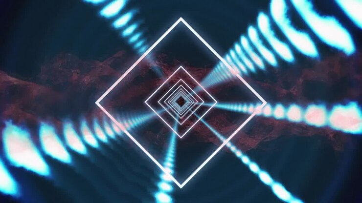 Animation of glowing squares spinning in tunnel of glowing lights