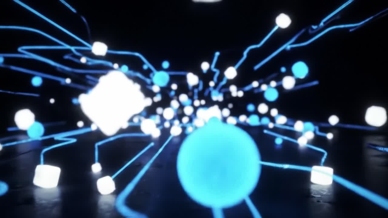 A Stunning Visualization of Digital Motion: An Abstract Journey Through a Network of Blue and White Particles in a Futuristic Environment