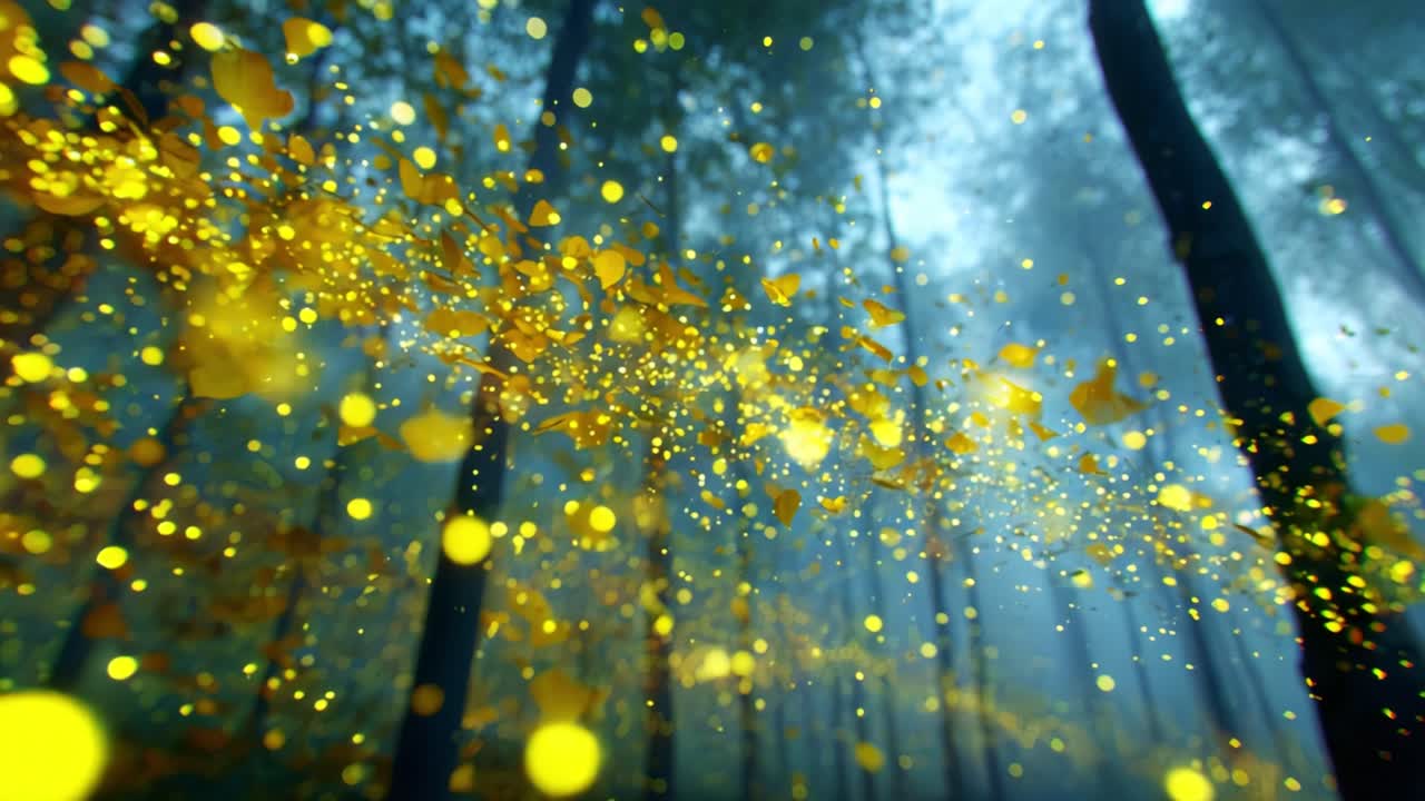 A mesmerizing visual of ethereal golden particles floating through a tranquil forest, capturing the serene essence of nature's beauty and enchanting aesthetics in motion
