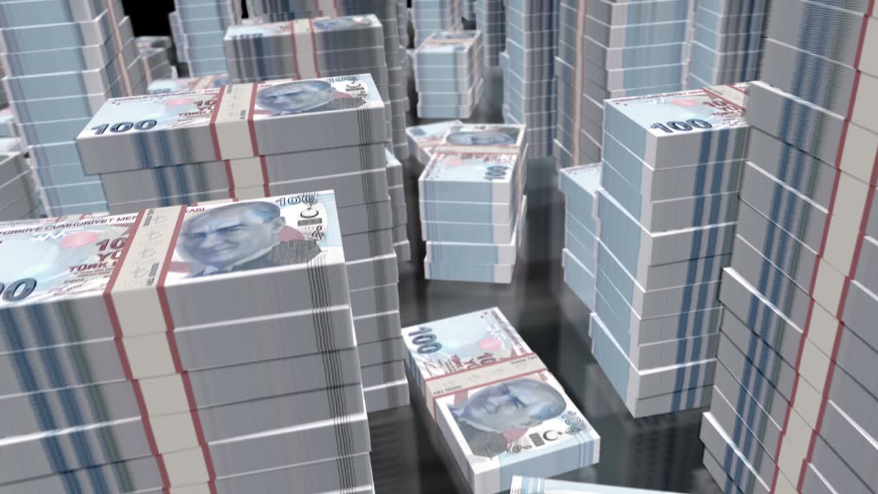 터키 리라 (turkish lira) 에 대한 3d 비행: 은행권 패키지 루프 애니메이션