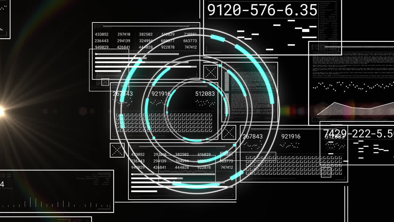 네온 둥근 스캐너와 렌즈 플레어에 대한 데이터 처리 인터페이스의 애니메이션