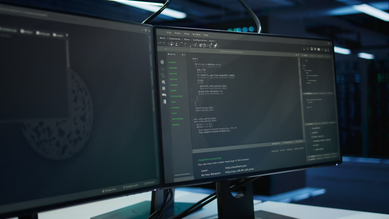 cierre del código que se ejecuta en las pantallas de las computadoras en la sala de servidores moderna