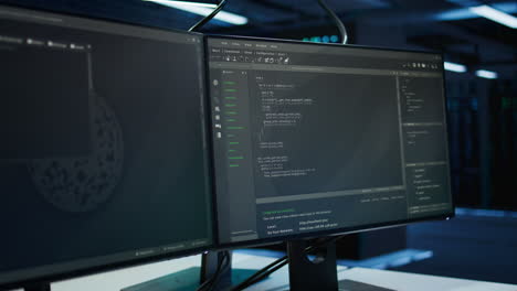 close up of code running on computer screens in modern server room