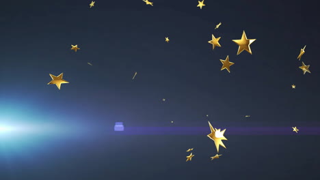 Animación-De-Estrellas-Doradas-Cayendo-Sobre-Fondo-Azul-Oscuro-Con-Destellos-De-Luz