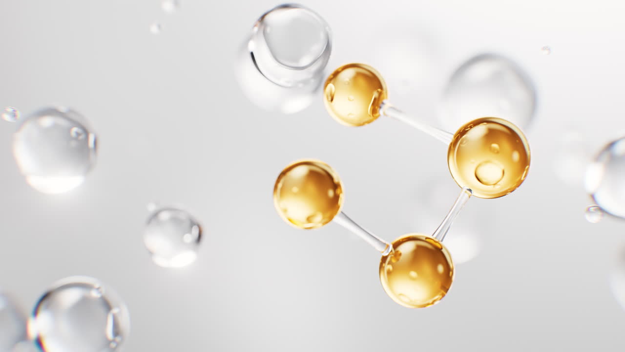Biological golden molecule with cosmetics background, 3d rendering