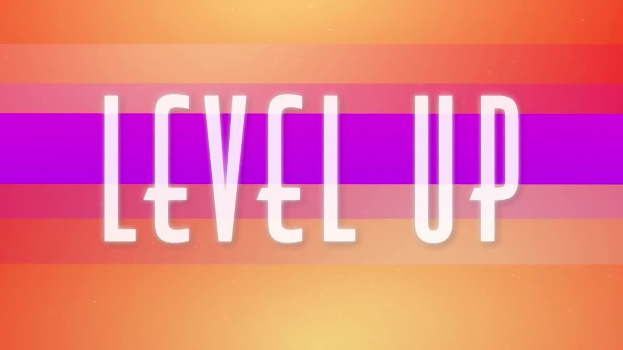Animation of level up text banner over striped pattern against purple gradient background