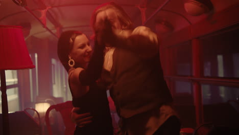 romantic dancing couple in vintage train car