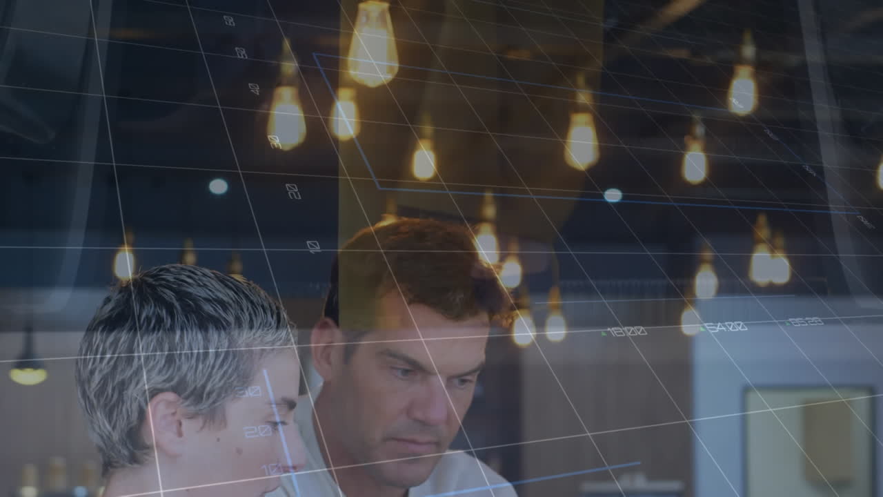 Animation of statistics and financial data processing over business people in office
